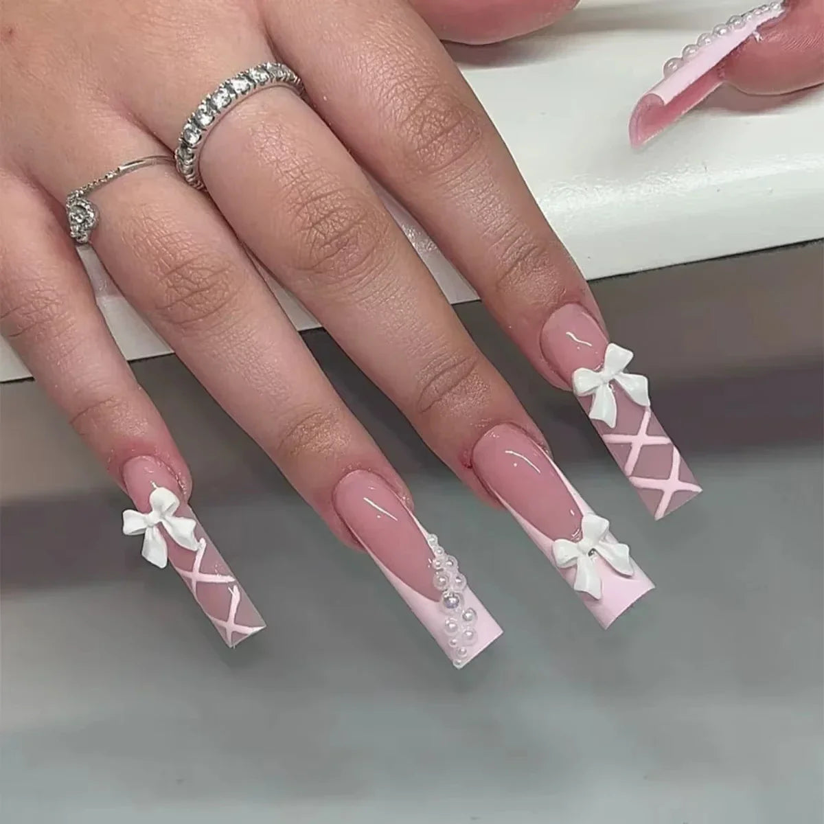 24Pcs Pearl heart Press on Nails Cross French Long Style Fake Nail for Women&Girl Removable Wearable Nail Art