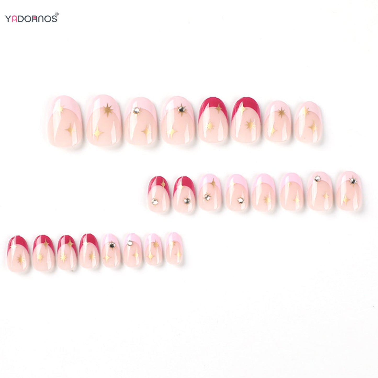 24pcs Short Almond Pink French False Nails Star Design Press on Nails Fake Nails DIY Manicure Detachable Stick-on Nail Tips