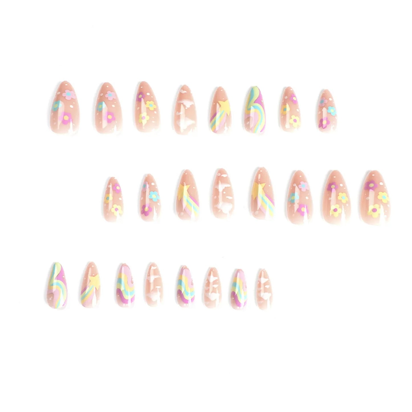 24pcs Cute Colorful False Nail Tips for Girl Rainbow Cloud Star Printed Almond Fake Nails Full Cover Reusable Adhesive Fake Nail
