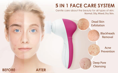 Electric 5-in-1 Facial Cleansing Brush, Multi-functional Rotating Massage Pore Cleansing Beauty Device Pore Cleaner