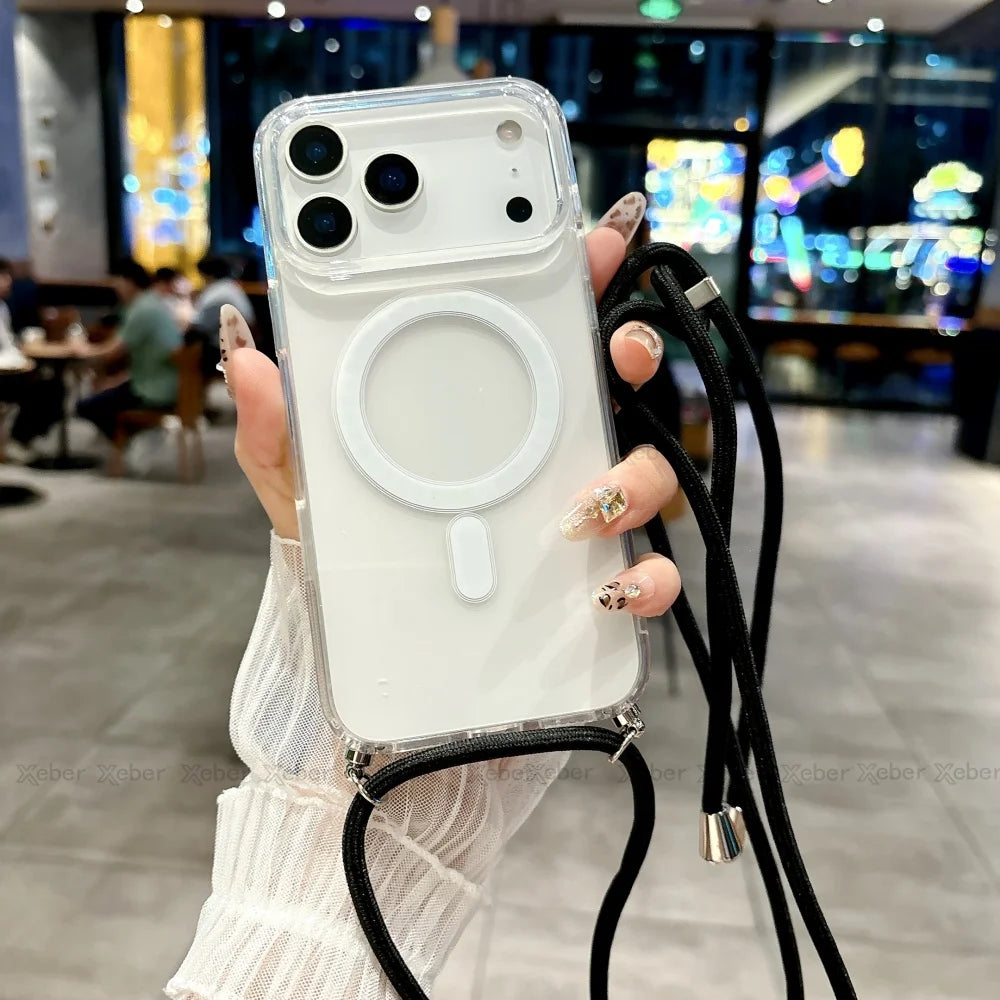 Crossbody Lanyard Necklace Rope Clear Case For iPhone 13 14 Plus 15 16 17 Pro Max For Magsafe Magnetic Wireless Charging Cover