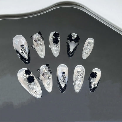 10pc Stiletto Almond Press On Nails Dark Black Fake Nails With Butterfly Star Design Hot Girl Detachable Full Cover Nail Art Tip