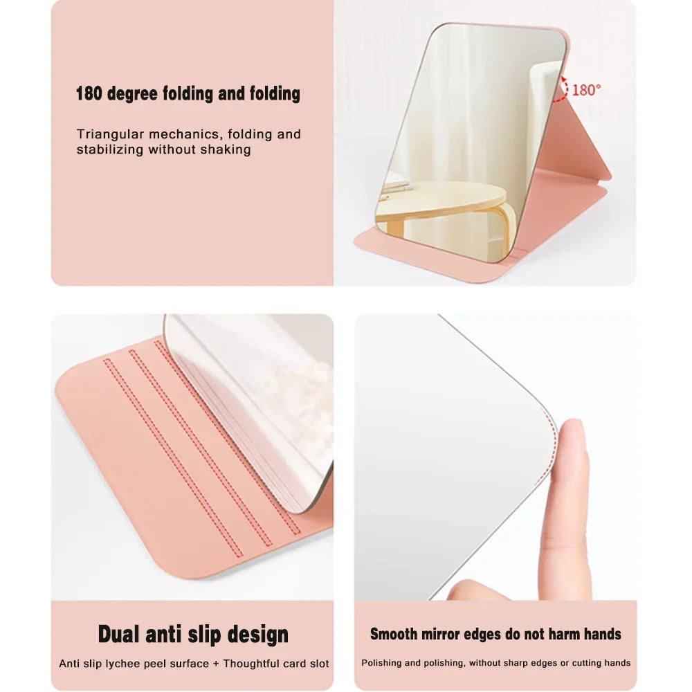Fold Desktop Makeup Mirror Handheld PU Travel Makeup Mirror Portable Leather Anti Slip Pocket Mirror Rose Gold Letter Pattern