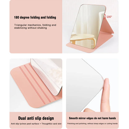 Fold Desktop Makeup Mirror Handheld PU Travel Makeup Mirror Portable Leather Anti Slip Pocket Mirror Rose Gold Letter Pattern