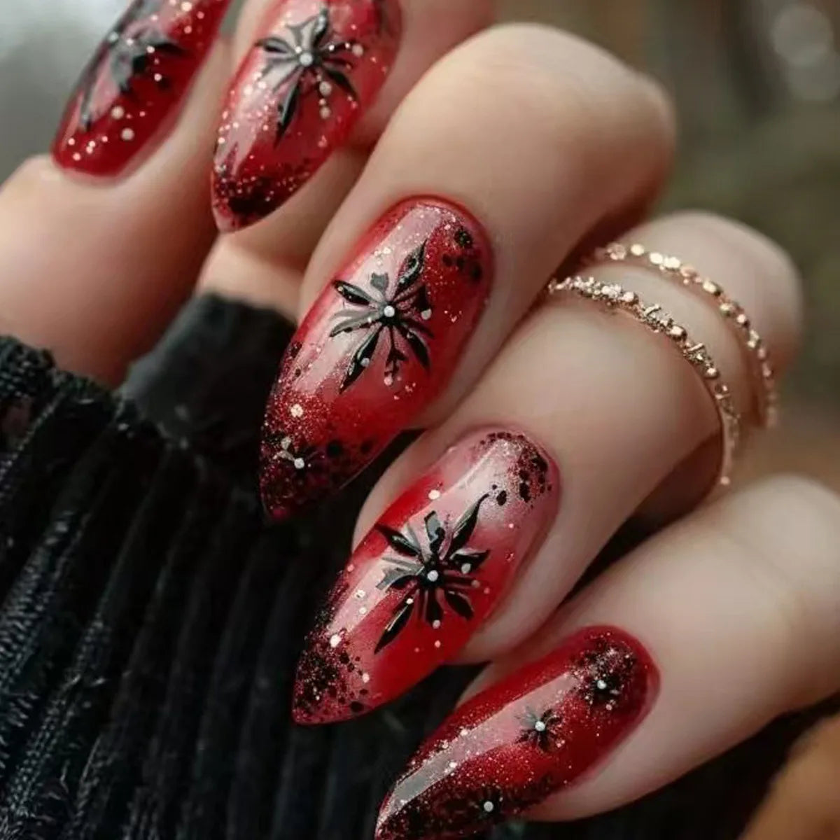 Medium Long fake nails for Christmas Black red blue nail tips white snowflakes fireworks Square almond tips press on false nails