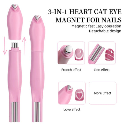 3 in 1 Nail Magnet Tool 3D Love Heart Cat Eye Nail Magnet Double Line Moon Snake Pattern French Nail UV Magnetic Stick Manicure