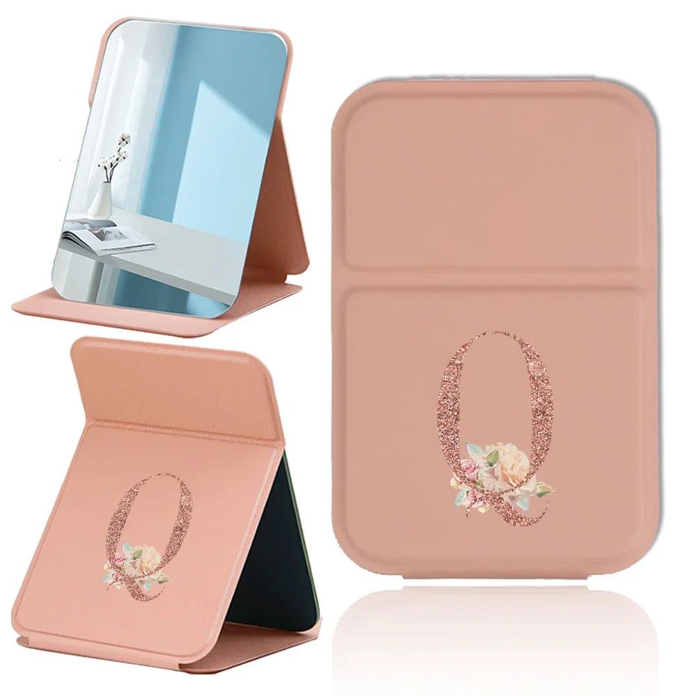 Fold Desktop Makeup Mirror Handheld PU Travel Makeup Mirror Portable Leather Anti Slip Pocket Mirror Rose Gold Letter Pattern