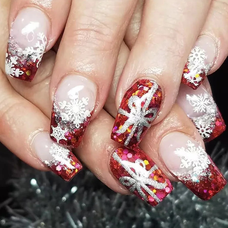 24pcs/set short fake nails for Christmas Square ballet winter false nail tips snow flakes christmas tree snowman press on nails