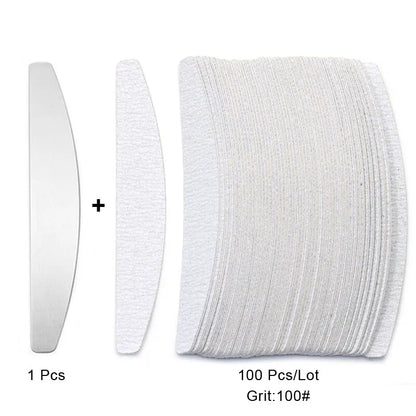 100 Pcs/Lot Replacement Nail Files 80/100/180/240 Grit Half Moon Grey Sandpaper Pads With Metal Handle Removable Durable Files