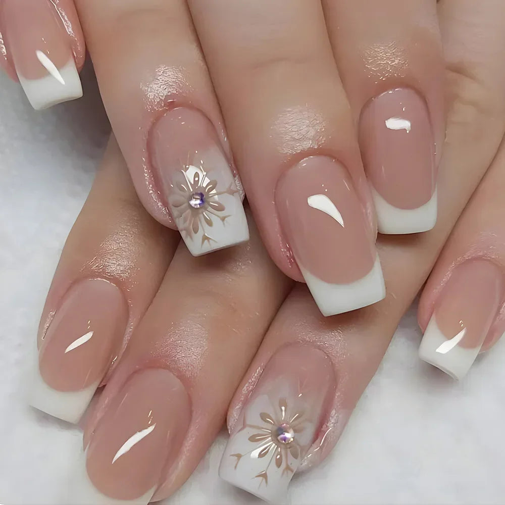 24Pcs White French Fake Nails with Glitter Rose Pattern Press on False Nails Gold Edge Line Design Artificial Nail Tips Art Long
