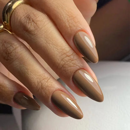24Pcs Solid Color Grey Almond Fake Nail Cat's Eye Design Wearable Round Head False Nails with Shiny Powder Press on Nails