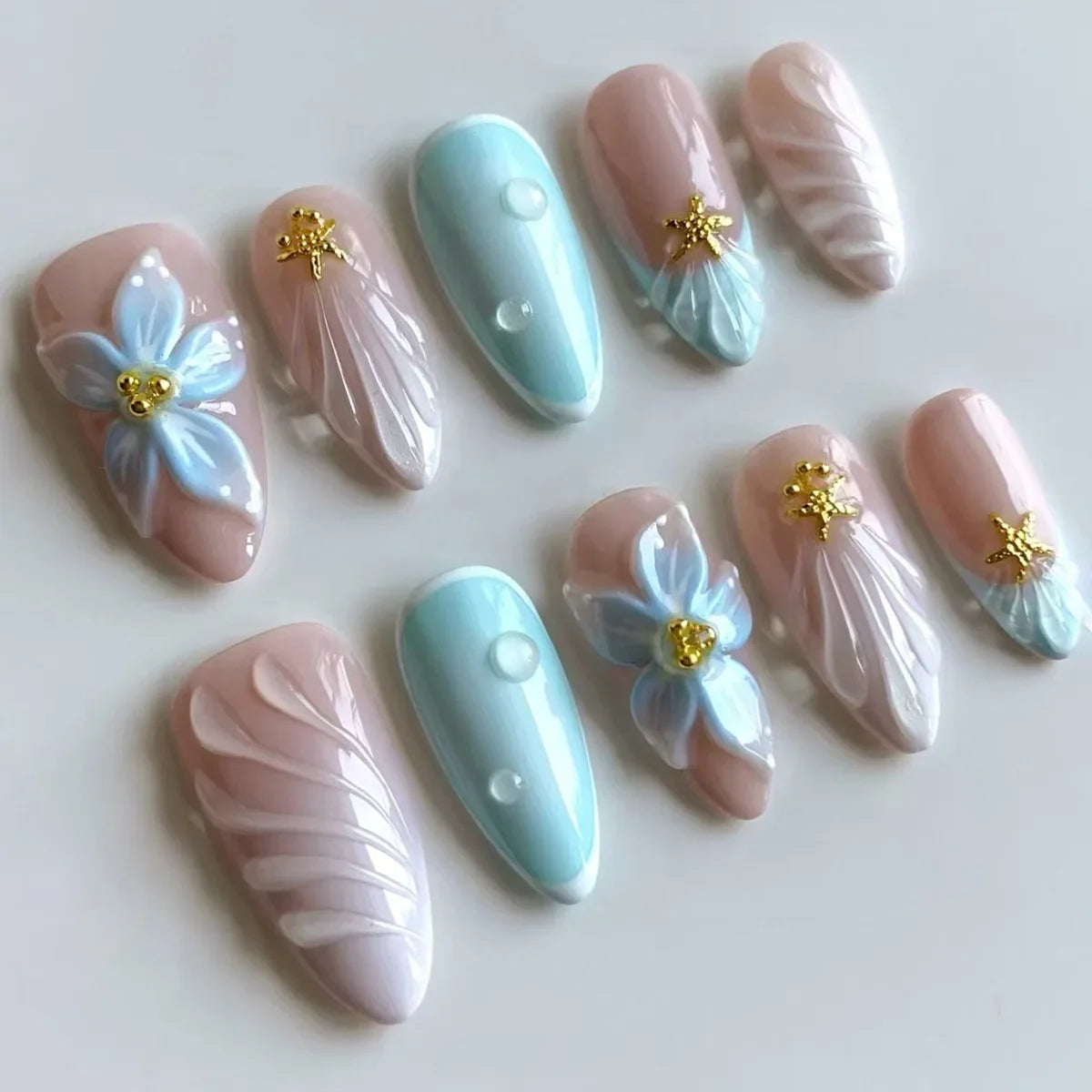 24pcs French Almond Press on Nails Flower False Nails Wearable Stick-on Nails Fake Nail Uñas Postizas Mujer Накладные Ногти 네일팁