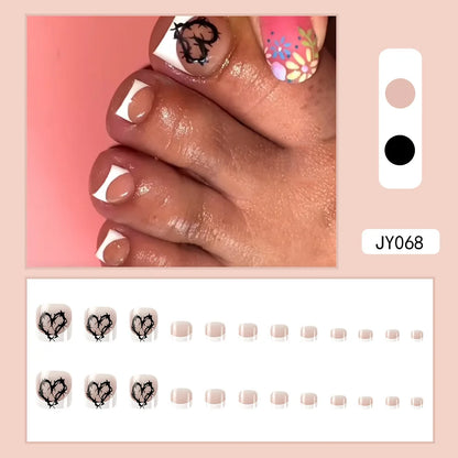 24 Pcs French Design Fake Toe Nail Press on Toe Nail Summer False Nails Acrylic Reusable Toe Nail Decorated Nails With Tool Kit