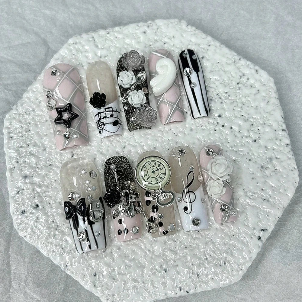 Musical Notes Retro Vintage Cute Pink French Handmade Press On Nails 3D Rose Bow Pearl Y2K Gyaru Fake Nails Long Coffin Nail Art