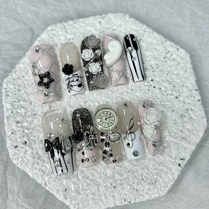 Musical Notes Retro Vintage Cute Pink French Handmade Press On Nails 3D Rose Bow Pearl Y2K Gyaru Fake Nails Long Coffin Nail Art