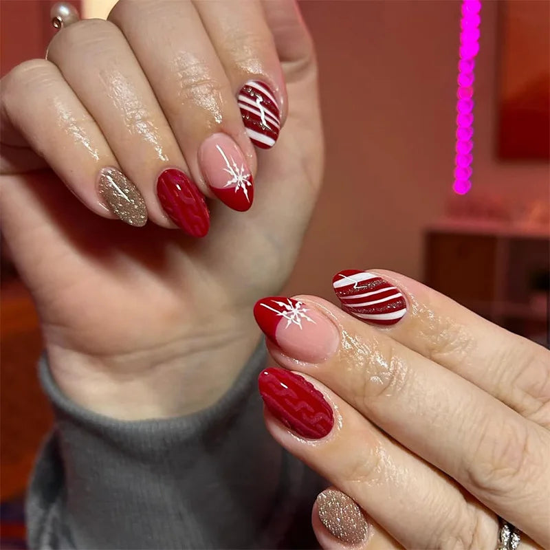 2025 Christmas Press on Nails Red/Green French Almond Shiny Fake Nails for Women Girls Manicure Wearable INS Simple False Nails