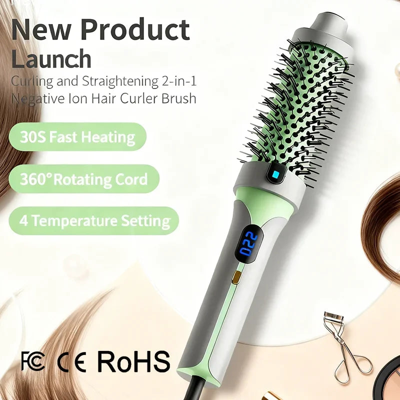 2-in-1 negative ion curling iron straightening comb,Professional temperature-controlled styling brush,anti-scalding heated comb