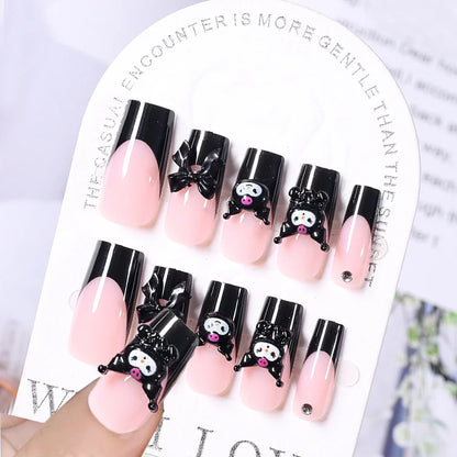 24Pcs Pink French Leopard Hello Kitty False nails 3D Y2k Star Heart Kitty Cat Rhinestones Press On Nails Cute Cartoon Fake Nails