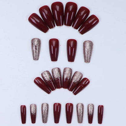 24PCS Long coffin fake nails with wine red color, acrylic shiny gold shimmering wine red design