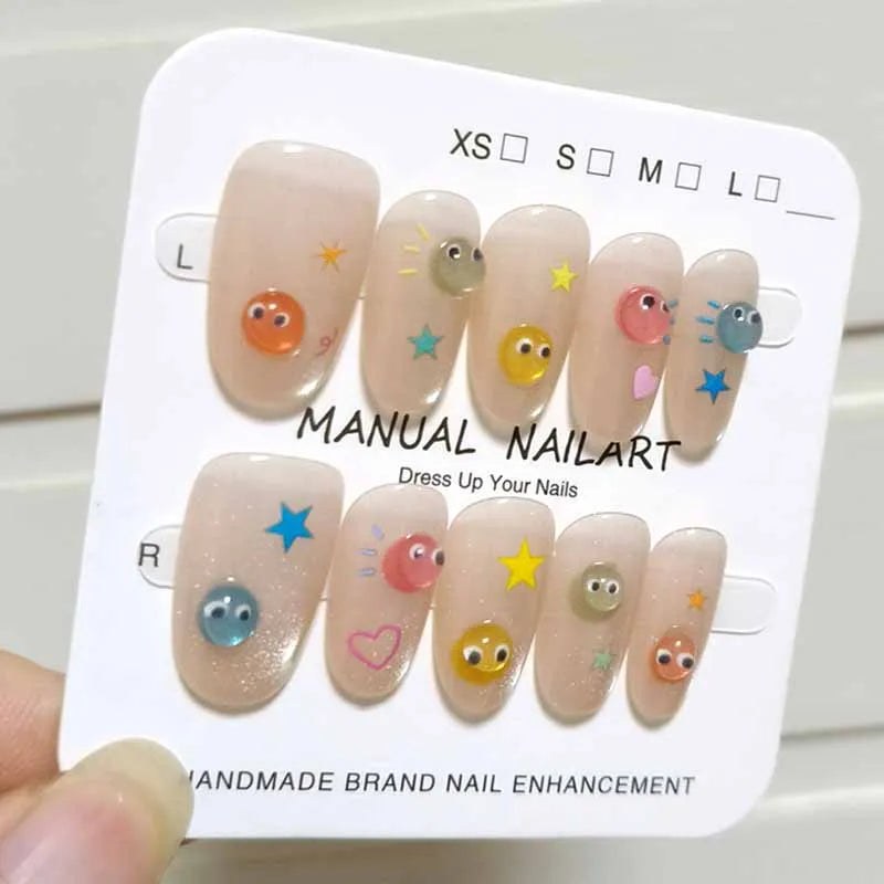 10Pcs French Style New Cute 3D Small Eyes Wearable Nails Patch Nail and Nail Accessories Press on Nails Detachable Nail Tips