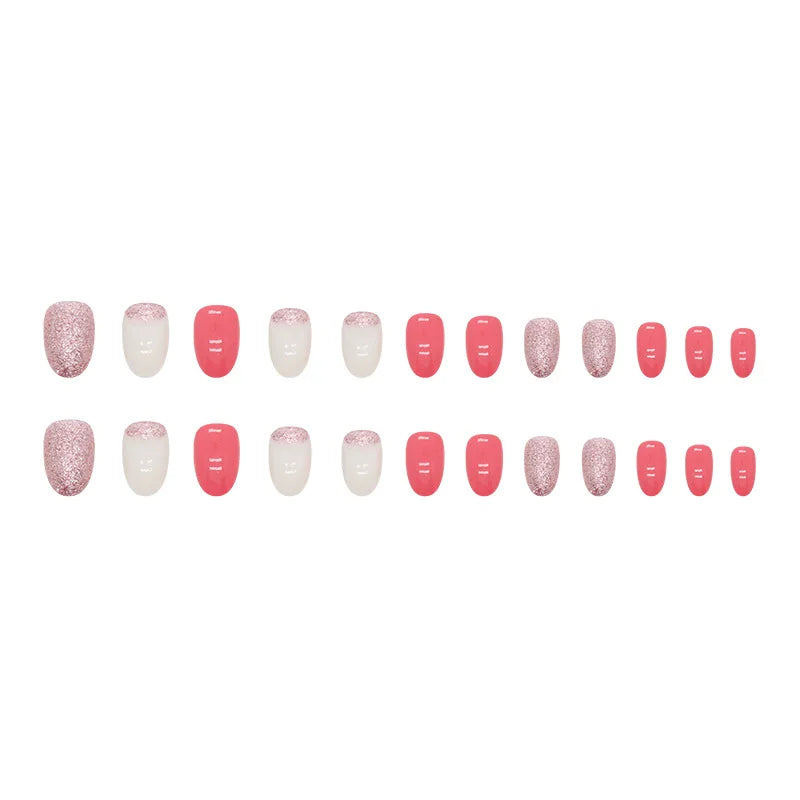 24 pcs short Oval French simple solid color Flash nails +1 nail glue +1 nail file