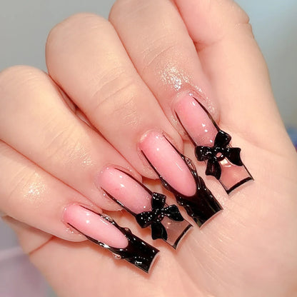24pcs Long Ballet Press On Nails Black Cross Strap French Style Fake Naile With 3D Bowknot Decor Korean Reusable False Nail Tips