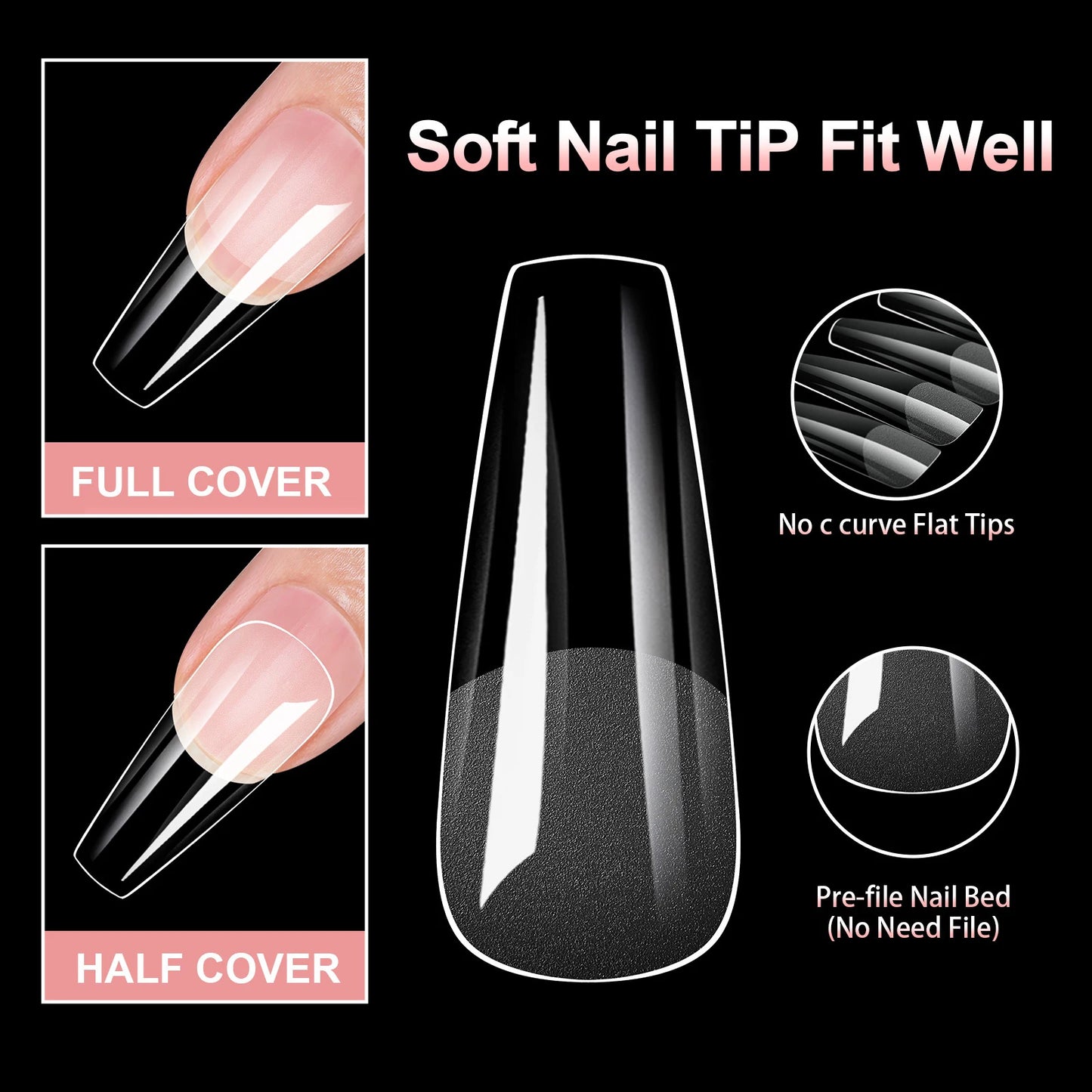 100Pcs Almond Coffin Soft Gel Nails Tips Half-frosted Full Cover Press On Nails Soak Off Gel Nail Extension Tips Capsule