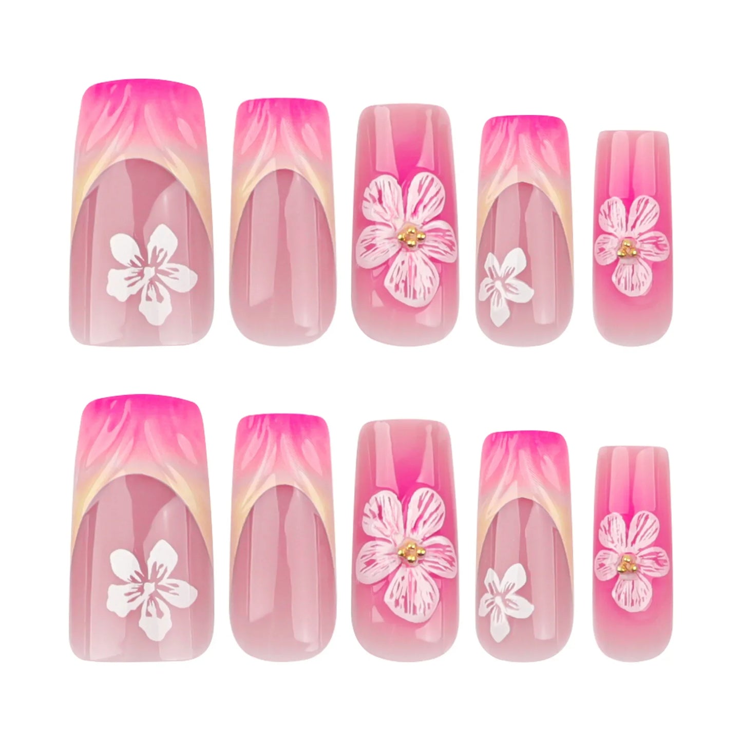 24pcs Blush Pink French Press On Nails Hand-painted White Flower Gold Ball Designs Fake Nail Short Square Korean False Nail Tips