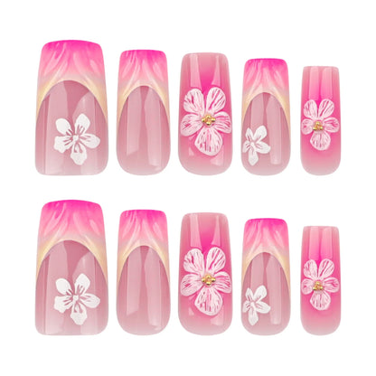 24pcs Blush Pink French Press On Nails Hand-painted White Flower Gold Ball Designs Fake Nail Short Square Korean False Nail Tips