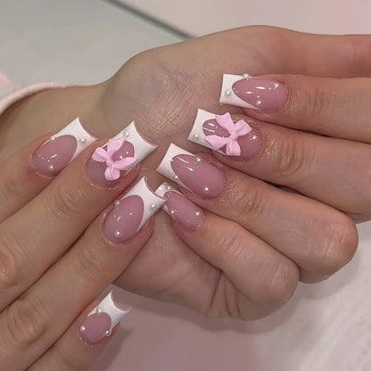 24Pcs Mid-length French Pink Square Head Press on False Nails Flash Drill Wearable Finished Manicure Full Cover Nail Tips