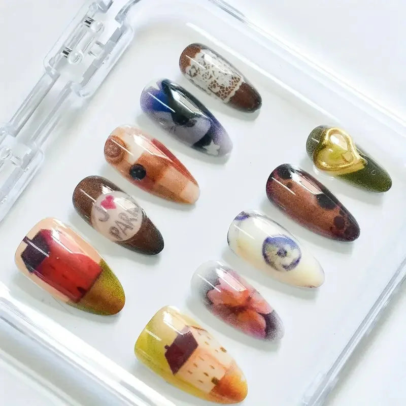 10pcs Handmade Press on Nails Cartoon Shark Pattern Design Fake Nails Wearable Detachable Ins Simple Almond Shaped False Nails
