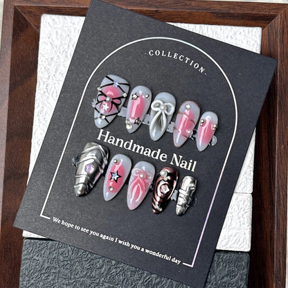 10pcs Handmade Press On Nails Baroque Bowknot Design False Nails Wearable Crystal Red French Almond Shaped Fake Nail Tips