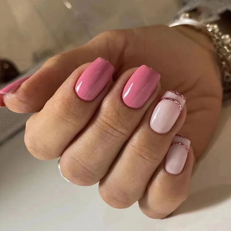 24Pcs Spring Colorful French Fake Nail with Designs Short Square Head Press on False Nails Wearable Simple Jelly Sticks on Nails