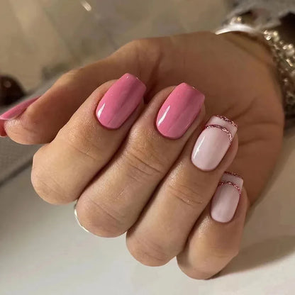 24Pcs Spring Colorful French Fake Nail with Designs Short Square Head Press on False Nails Wearable Simple Jelly Sticks on Nails