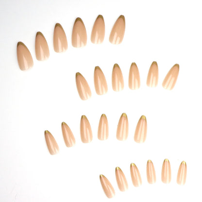 24Pcs Golden French Fake Nail with Almond Head Design Simple Oval False Nails Wearable Press on Nails Full Cover Nail Tips