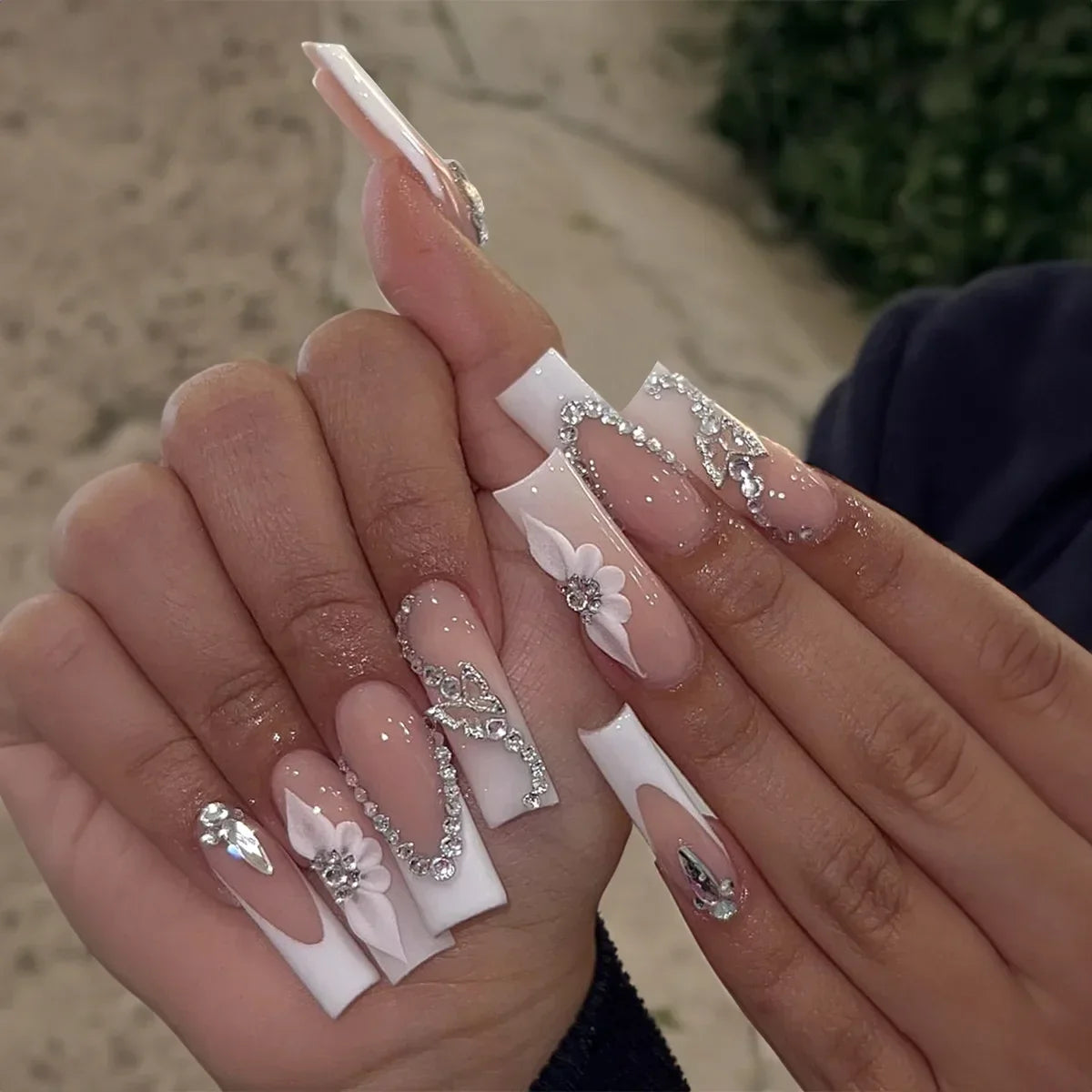 24Pcs Long Square False Nails Simple White French Fake Nails Wearable Ballet Coffin Full Cover Nail Tips Acrylic Press on Nails