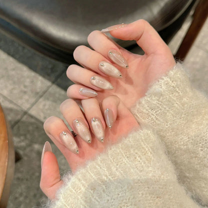 Handmade Press on Nails Ins Simple Nude Pink Cat Eye Fake Nails Full Cover Wearable Sweet Korean Almond False Nail Patches