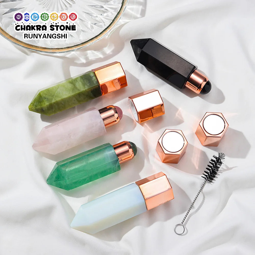 Facial Beauty Natural Healing Rose Quartz Obsidian Crystal Column Perfumes Essential Oil Roller Bottles Mother's Day Women Gift