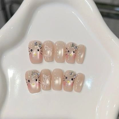10PCS Purple Cat Eye Handmade Medium Square Fake Nails Sweet Cartoon Cat Patterns Silver French Press on Nails Korean Nail Tips