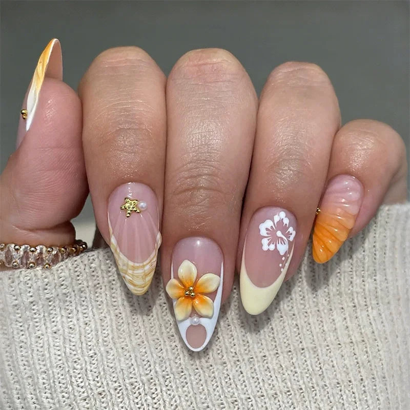 24pcs Pink Flower Almond Press on Nails Simple Fake Nails False Nails Artificial Tip Накладные Ногти Uñas Postizas Mujer 네일팁