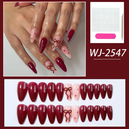 24Pcs 3d gelnails makes bow design French tip Press on Nails almond design Fit Perfectly Acrylic False Nails set,Include: 1pcs J