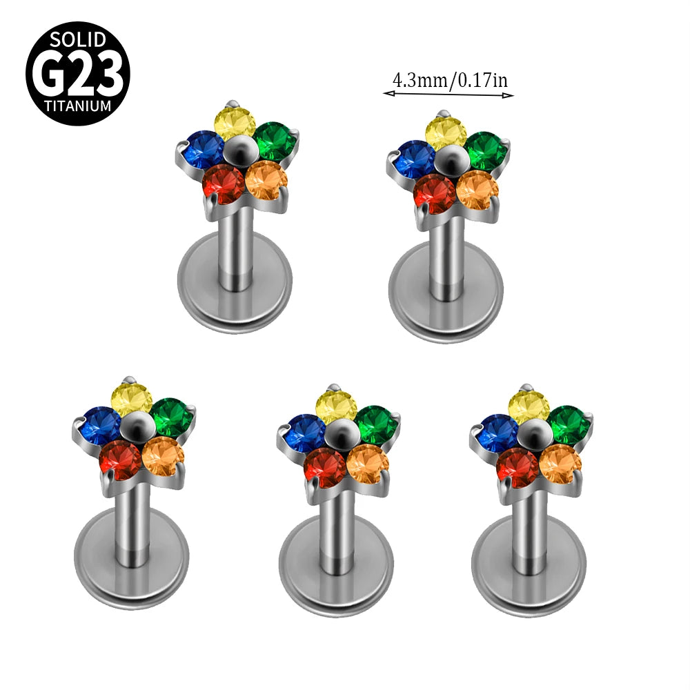 1/5PCS F-136 Implant Titanium Different Size Flower Zirconia Labret 16G Internal Threaded Cartilage Helix Lobe Earring Piercing