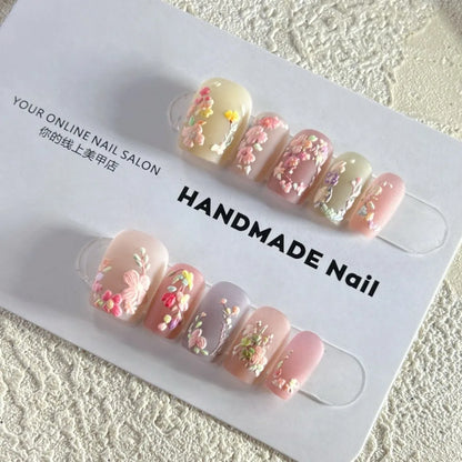 10Pcs 3D Embroidery Feel Colorful Flowers Caramel Iced Coffee Camellia Gilded Gold Wearing Armor Press on Nails Trend Nail Art