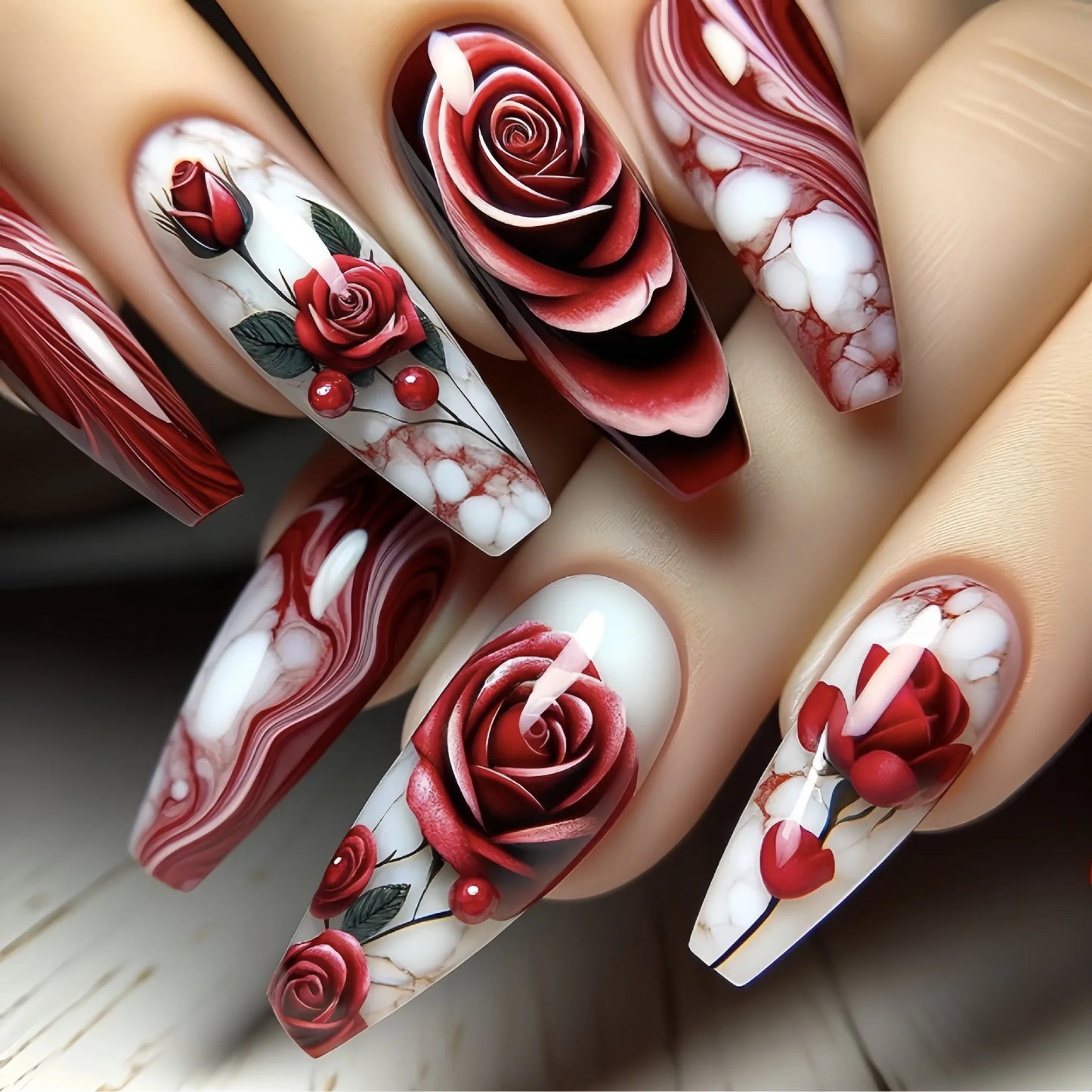 24Pcs White French Fake Nails with Glitter Rose Pattern Press on False Nails Gold Edge Line Design Artificial Nail Tips Art Long