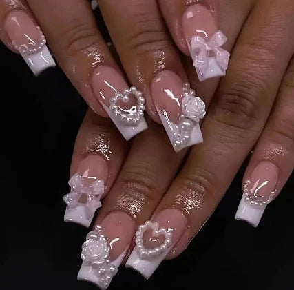 24Pcs Almond White French Press on Nails Pearl Bow False Nail Short Rhinestones Removable Nail stickers for Women and Girls