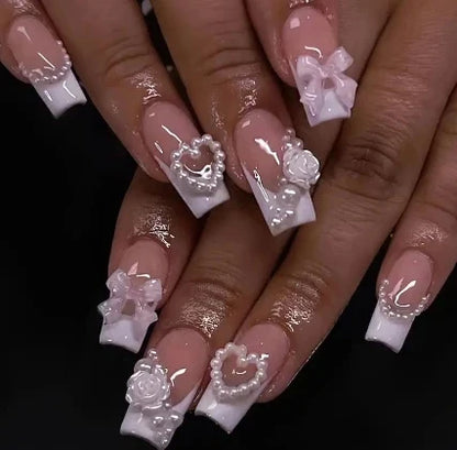 24Pcs Almond White French Press on Nails Pearl Bow False Nail Short Rhinestones Removable Nail stickers for Women and Girls