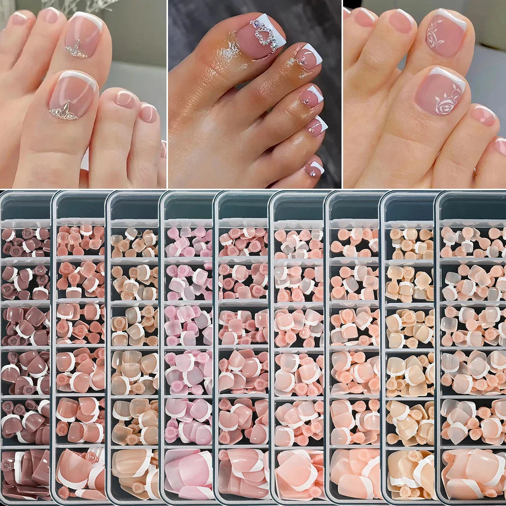 120pcs/Box French Tip Press-On Toenails Pink Color System Square Shape Foot Nails Short Length Glossy Finish False Toe Nails Set