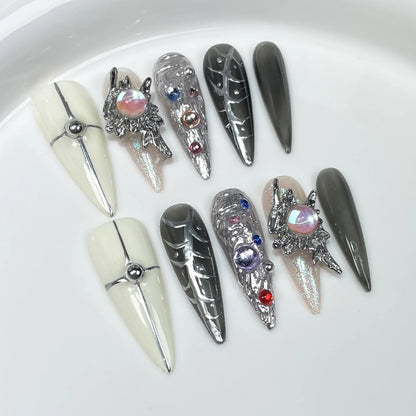 10pc Stiletto Almond Press On Nails Dark Black Fake Nails With Butterfly Star Design Hot Girl Detachable Full Cover Nail Art Tip