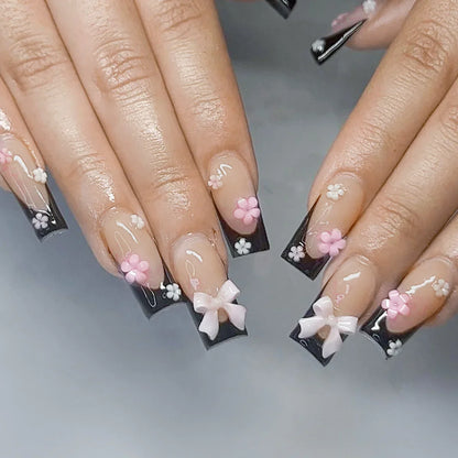 24pcs Long Ballet Press On Nails Black Cross Strap French Style Fake Naile With 3D Bowknot Decor Korean Reusable False Nail Tips