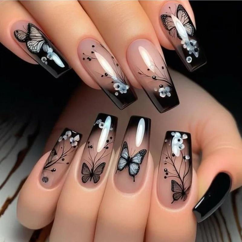 24pcs Short Square Press on Nails Jade Flower Sparkling Powder Designs Fake Nails with Glue Green Gradient Full Cover Nail Tips
